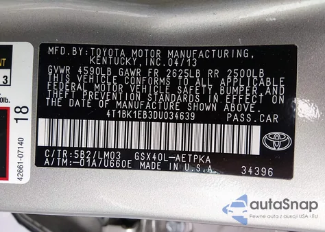 2013 Toyota Avalon Limited z USA, uszkodzony, nr VIN 4T1BK1EB3DU034639